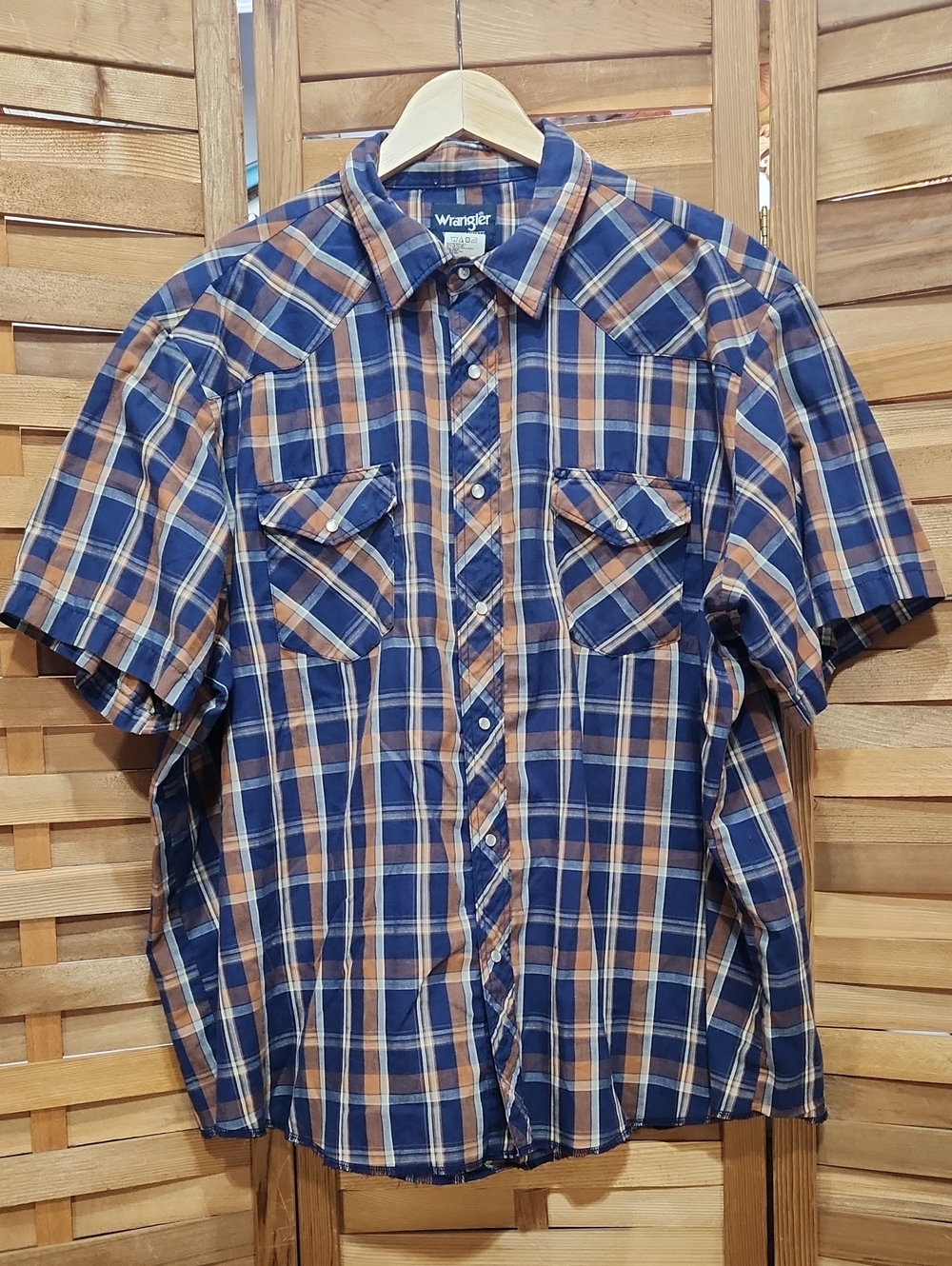 Wrangler Plaid Short Sleeve Button Down Shirt in Navy Tan Orange Men 3X